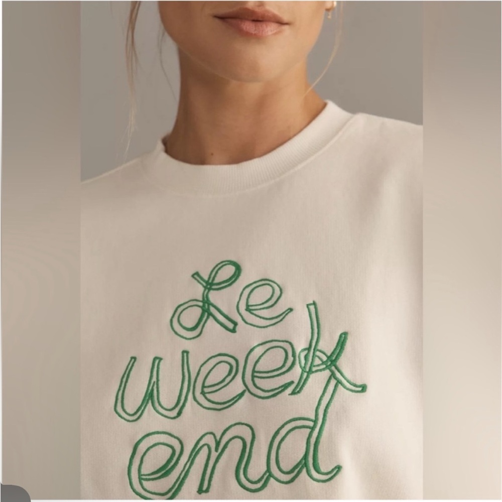 Clare V. Le Weekend Embroidered Comfy Sweatshirt Sweater Cream Off White Green - Picture 2 of 10